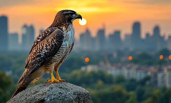 A hawk perched on a rock against a sunset city skyline.