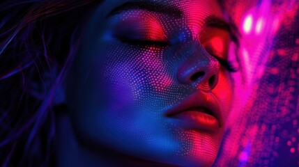 Close-up of a futuristic woman with neon lighting and digital lines on her face, representing technology, AI, and cyber themes.
