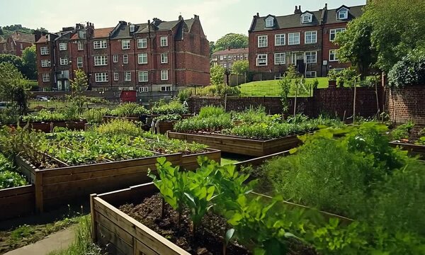 Community garden with raised beds and residential buildings nearby.