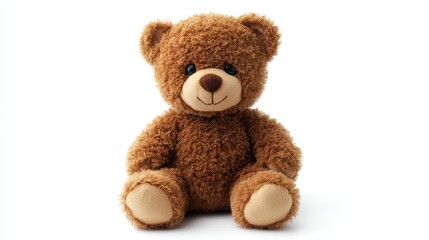Obraz premium adorable fluffy brown teddy bear sitting upright against a pure white background; its stitched eyes and soft texture radiate comfort and innocence, making it a perfect companion for children