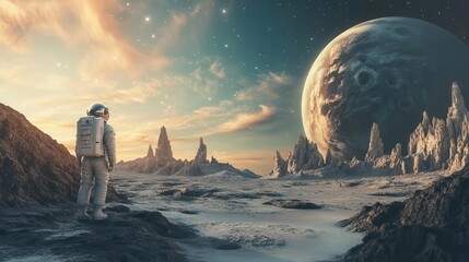 adventurous scene featuring astronauts exploring alien planets in outer space, with breathtaking landscapes and celestial wonders, depicting the spirit of discovery and exploration
