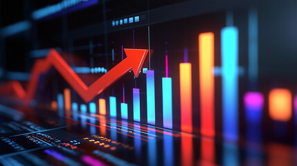 3D bar chart illustrating market dynamics with an upward arrow, representing growth and trends in a simplified and dynamic design