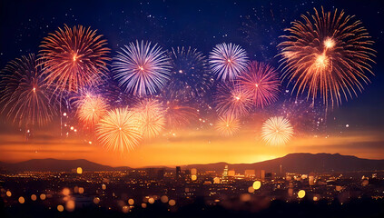 fireworks night sky with a city in the background
