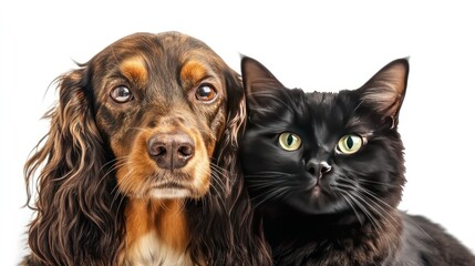 endearing close-up portrait of a Russian Spaniel and a Scottish Straight cat, both looking directly