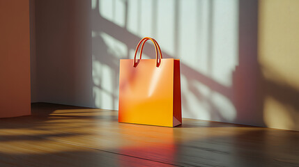A vibrant orange shopping bag stands upright on a sleek wooden table, set against a plain white backdrop, with bright studio lights illuminating the scene and enhancing the bag's bold color