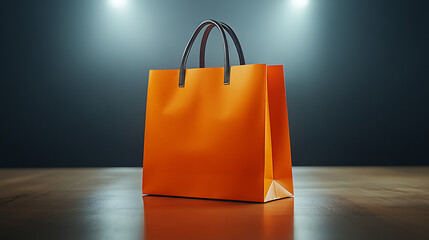 A vibrant orange shopping bag stands upright on a sleek wooden table, set against a plain white backdrop, with bright studio lights illuminating the scene and enhancing the bag's bold color