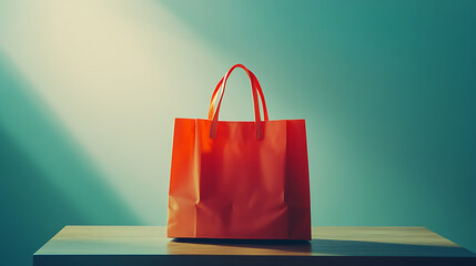 A vibrant orange shopping bag stands upright on a sleek wooden table, set against a plain white backdrop, with bright studio lights illuminating the scene and enhancing the bag's bold color