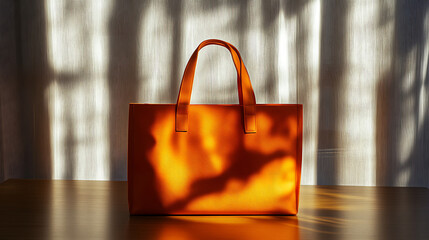 A vibrant orange shopping bag stands upright on a sleek wooden table, set against a plain white backdrop, with bright studio lights illuminating the scene and enhancing the bag's bold color
