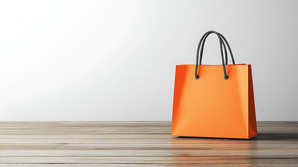 A vibrant orange shopping bag stands upright on a sleek wooden table, set against a plain white backdrop, with bright studio lights illuminating the scene and enhancing the bag's bold color