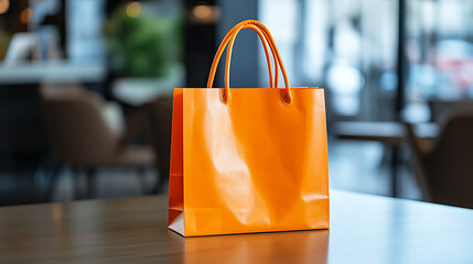 A vibrant orange shopping bag stands upright on a sleek wooden table, set against a plain white backdrop, with bright studio lights illuminating the scene and enhancing the bag's bold color