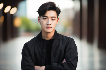 A striking portrait of a handsome Korean man with soft, tousled fringes, wearing a high-fashion coat.fringes sweeping across his forehead, glowing skin, and soft brown eyes.
