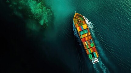 aerial view of a vibrant container cargo ship navigating through azure waters, captured in a dynamic composition that showcases the scale of maritime logistics against the backdrop of the sea