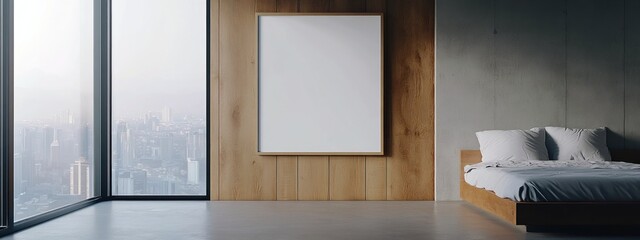 Une chambre avec un lit et des panneaux en bois, fenêtre avec vue sur un paysage urbain à l'extérieur, design d'intérieur minimaliste, maquette d'un cadre de poster blanc vierge sur le mur.