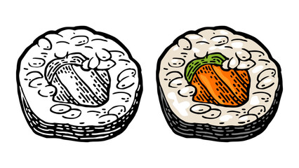 Sushi maki with nori and salmon. Top view. Isolated on white background. Vintage color vector engraving © MoreVector