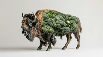 Fototapeta premium Magnificent Bison Grazing in Verdant Meadow Surrounded by Towering Trees and Lush Foliage Showcasing the Beauty of the Natural Environment
