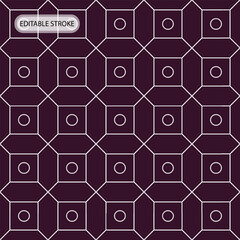 Seamless geometric pattern with editable stroke. Square intersecting classic grid with small circles. Background template, layout. Apply different pattern brushes for any theme design.