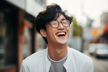 A natural, candid shot of a Korean man laughing, taken mid-laughter with his head tilted back, capturing the spontaneity and joy of the moment.showing expressive eyes and a wide smile. 