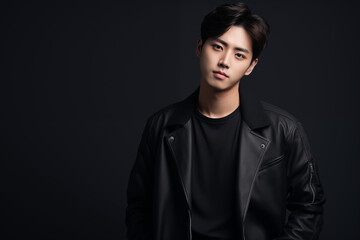 A striking portrait of a handsome Korean man with soft, tousled fringes, wearing a high-fashion coat.fringes sweeping across his forehead, glowing skin, and soft brown eyes.