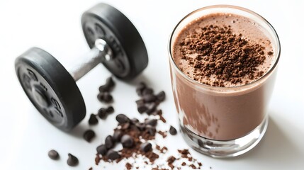 Chocolate protein shake and dumbbells isolated on white background. 