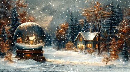 Charming winter wonderland with a snow globe showcasing a cozy cottage at dusk