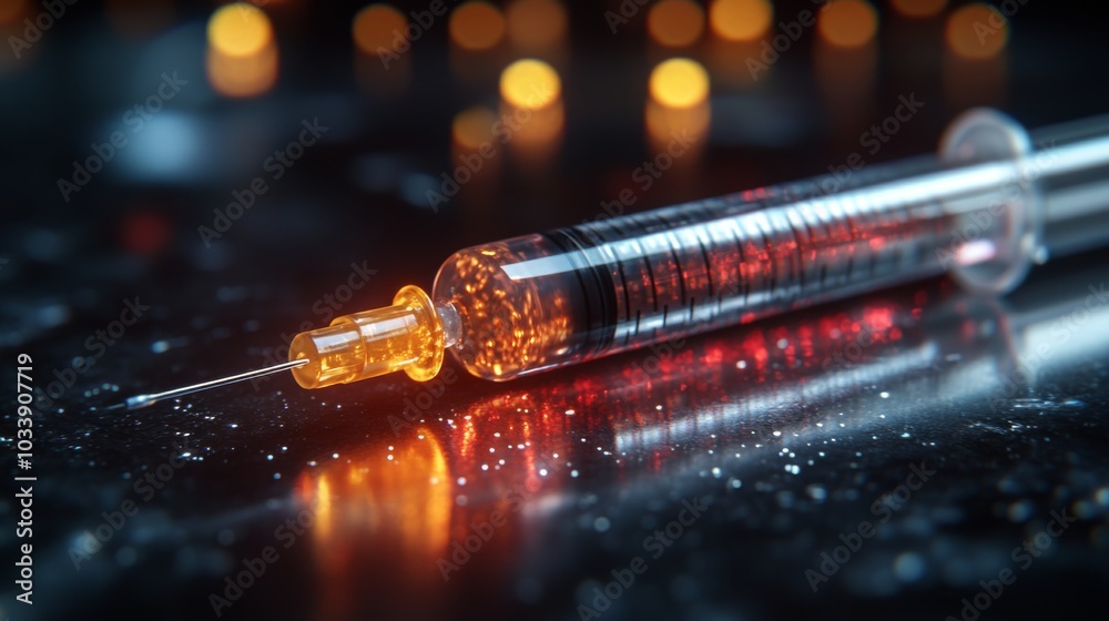 Poster A syringe is positioned on a reflective surface, filled with a vibrant orange liquid. The background glows softly with sparkling lights, creating an intriguing atmosphere.