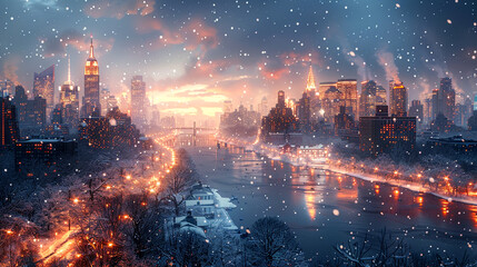 Fototapeta premium New York City skyline sparkles as snow falls softly during twilight hours in winter