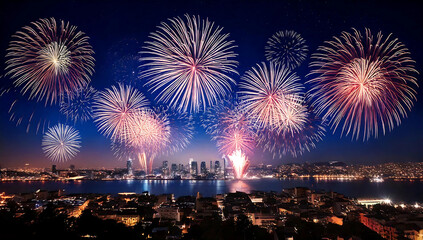 Fototapeta premium fireworks night sky with a city in the background