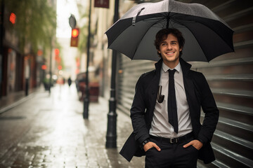 A close-up shot of a Korean man standing in the rain, his fringes soaked and tears blending with raindrops on his face. The city lights are blurred in the background, creating a bokeh effect