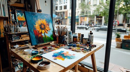 Artist Studio Window View Painting Brushes Sunflower
