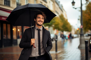 A close-up shot of a Korean man standing in the rain, his fringes soaked and tears blending with raindrops on his face. The city lights are blurred in the background, creating a bokeh effect