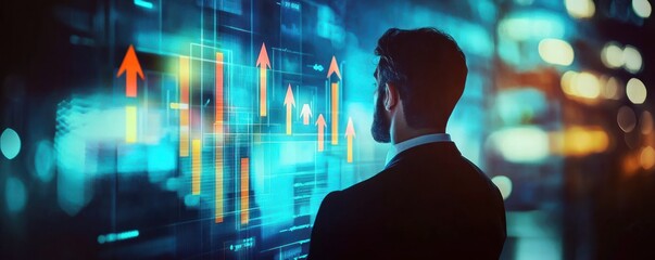 Homme d'affaires, vue de dos, analysant des graphiques financiers avec des flèches vers le haut sur un écran numérique, avec un arrière-plan de ville.