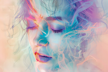 A serene close-up of a young woman with wavy hair, enveloped in soft pastel colors and ethereal wisps, conveying a dreamlike and introspective mood.