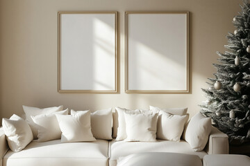 Mockup poster frames for wall decoration in a room with modern interior and Christmas tree.