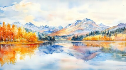 Obraz premium an autumn landscape is depicted in watercolor, showcasing mountains, forests, and a shimmering lake, capturing the essence of the changing seasons