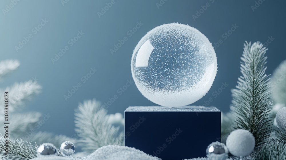 Poster a snow globe rests on a dark pedestal, surrounded by fluffy snow and delicate evergreen branches. ti