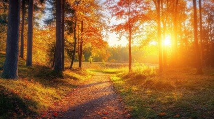 Fototapeta premium an autumn sunset filtering through the trees in a serene woodland, with a path leading towards the light, capturing the warmth and beauty of nature in its seasonal transition