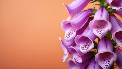 Close-up of Vibrant Purple Foxglove Flower Cluster with Speckled Bell Shaped Blooms against Soft Pastel Background. Ideal for Botanical Design, Natural Healing Themes, or Garden Inspiration Concepts