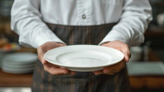 Waiter wearing an apron, holding an empty plate with both hands in a restaurant. Hospitality and service concept