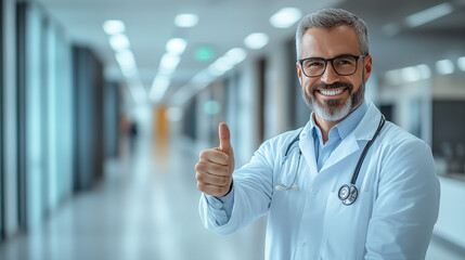 Portrait of a smiling male doctor showing thumbs up in hospital corridor