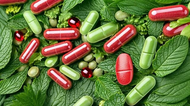 Colorful pills and green leaves a natural approach to health and wellness