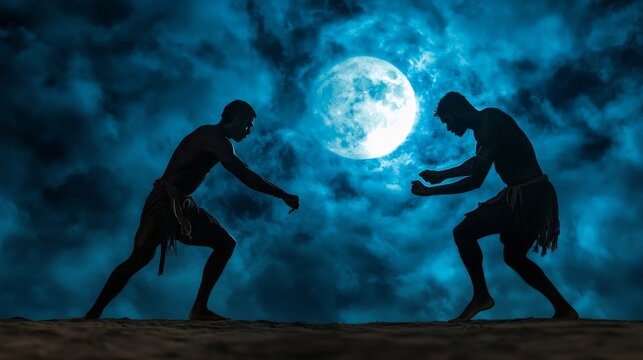 Kalari warriors performing a ceremonial fight under the light of a full moon, the earthy tones of their traditional clothing contrasting against the cool blues and silvers of the night