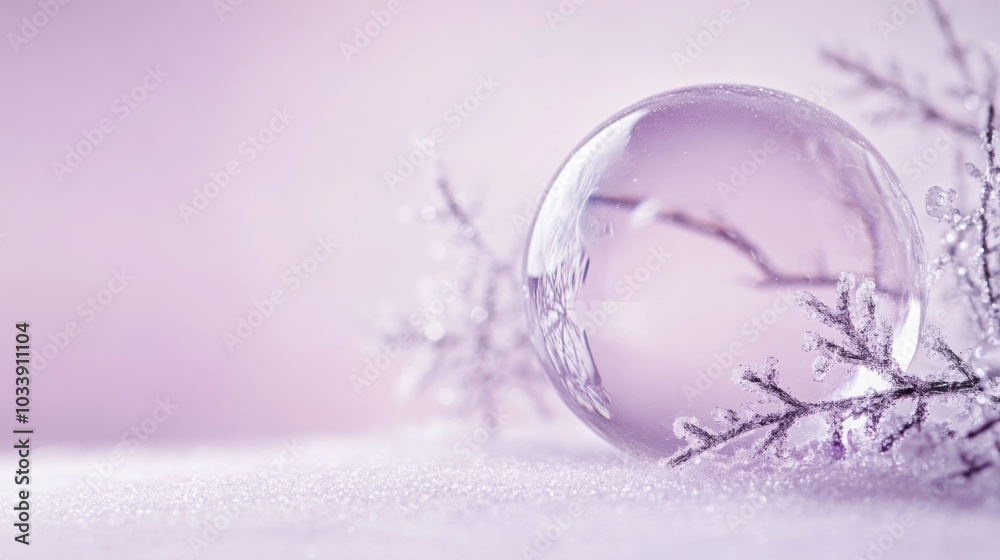 Aufkleber a clear glass orb sits gently on a blanket of pristine snow, surrounded by delicate frost-covered br