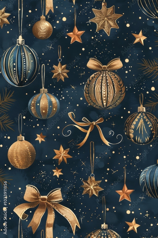 Wall mural festive holiday ornaments on starry night