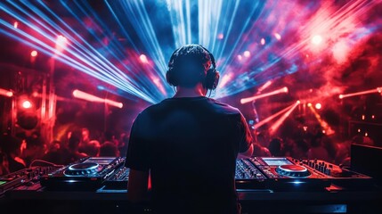 an energetic dj passionately mixing tracks in a lively nightclub, surrounded by pulsating laser lights and an excited crowd, capturing the essence of nightlife and music culture