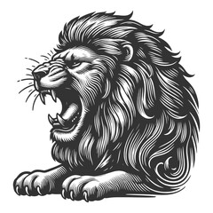 Naklejka premium Fierce Lion Head Roaring tattoo growling sketch engraving generative ai vector illustration. Scratch board imitation. Black and white image.