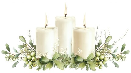 3 white candles with green bows