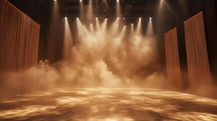 an ethereal stage enveloped in mist and fog, accented by soft brown spotlights, transforming the space into a hauntingly beautiful setting, perfect for showcasing artistic performances and products