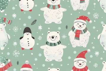 Cheerful christmas snowman pattern on green