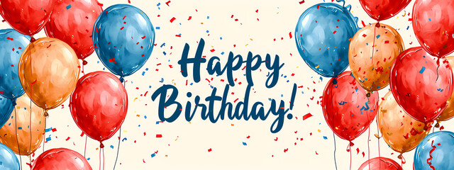 Colorful watercolor balloons in red, blue, and gold celebrate a joyful birthday. Festive confetti adds to the cheerful atmosphere.