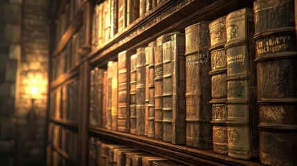 Obraz premium ancient library wall filled with a treasure trove of old books and manuscripts, their worn spines telling stories of history, illuminated by soft, warm lighting